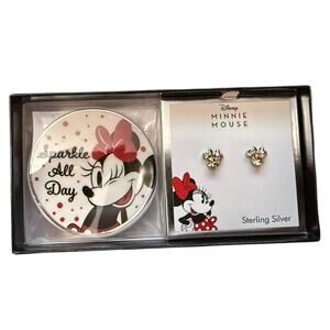 Disney Minnie Mouse Sterling Silver Crystal Stud Earrings With Trinket Dish
